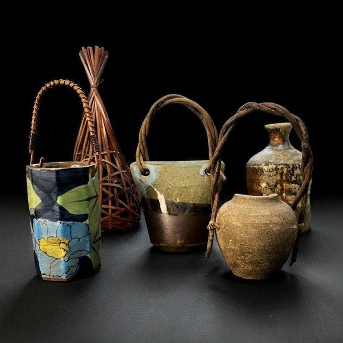 Vase - Céramique, Bambou - Japon - Ensemble de 5 Japonais, Antiquités & Art, Antiquités | Autres Antiquités