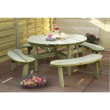 Picknicktafel in hout picknickbank rond model met 4, Nieuw