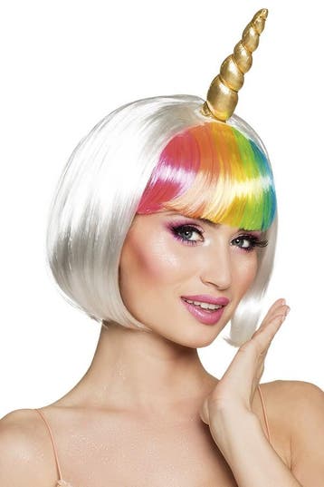 KIMU® Witte Pruik Kort Bob Regenboog Pony Eenhoorn Gouden Ho, Ophalen of Verzenden
