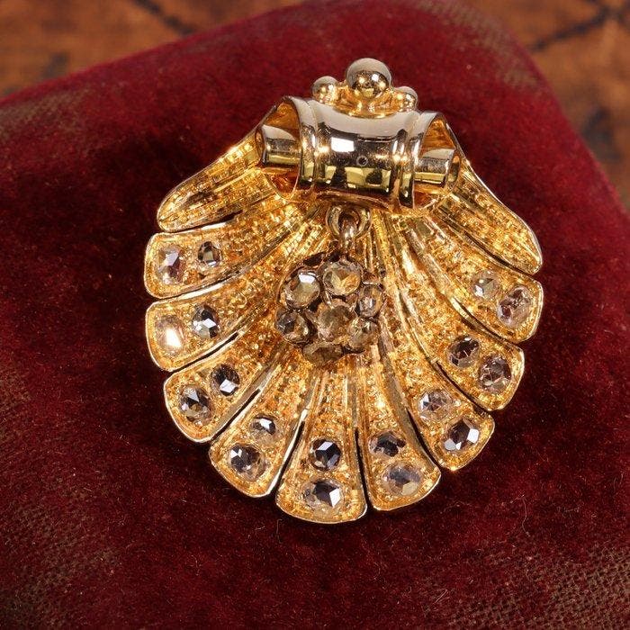 Broche - 18 karaat Geel goud - Diamant - Antiek Victoriaans, Handtassen en Accessoires, Antieke sieraden