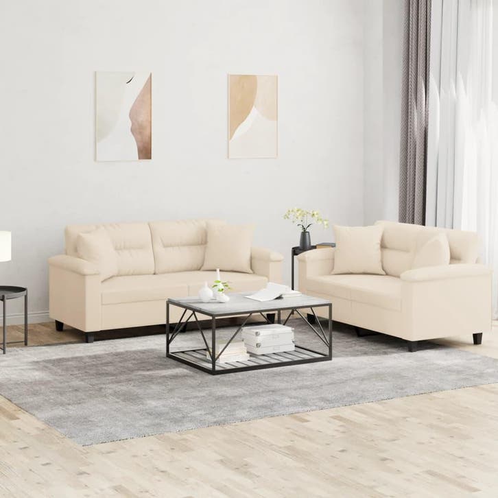 vidaXL 2-delige Loungeset met kussens microvezelstof beige, Huis en Inrichting, Zetels | Zetels, Nieuw, Verzenden