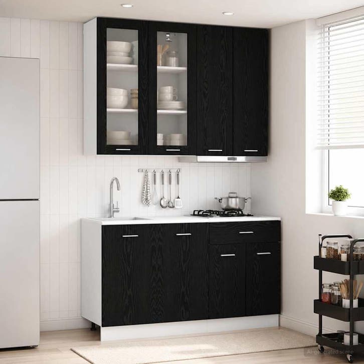 vidaXL Keukenblok LYON 4 pcs Zwart eiken Bewerkt hout, Huis en Inrichting, Kasten | Overige, Nieuw, Verzenden