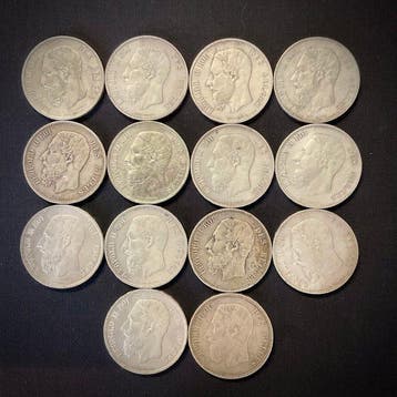 België. Leopold II. 5 Francs 1867/1876 14 stuka, Postzegels en Munten
