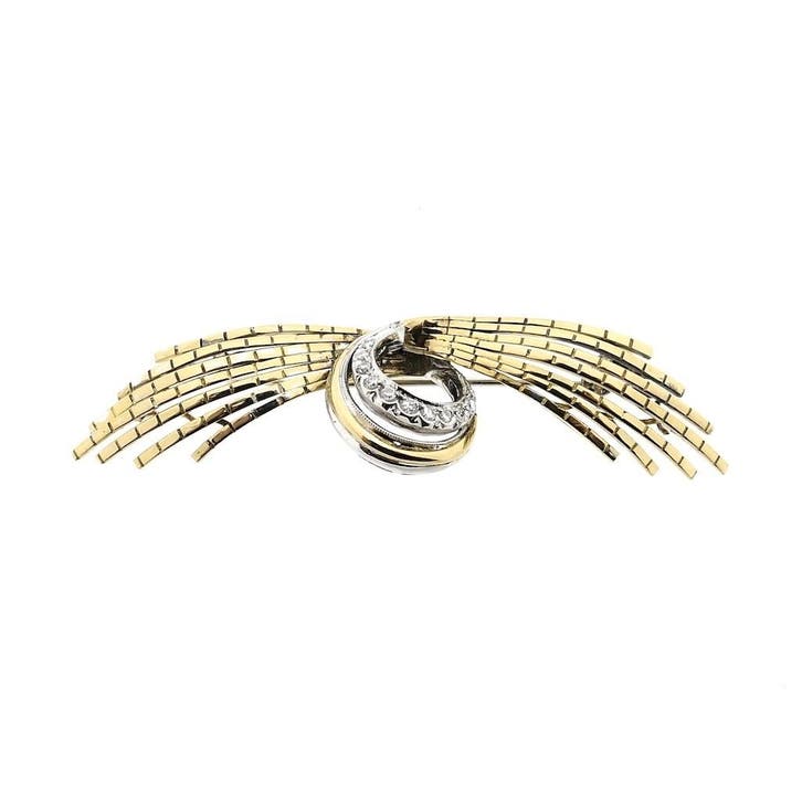 Bicolor gouden broche met diamanten; 0,60 ct., Handtassen en Accessoires, Broches, Goud, Gebruikt, Met edelsteen, Goud, Ophalen of Verzenden