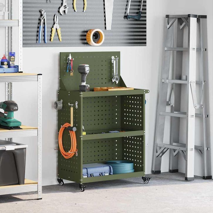 vidaXL Gereedschapswagen met plank Olijf Groen 65 x 35 x 111, Doe-het-zelf en Bouw, Gereedschapskisten, Nieuw, Verzenden