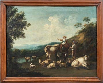 Italian school (XVIII) - Rural landscape with shepherds and, Antiek en Kunst