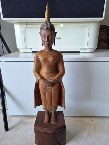 Statue Bouddha bois sculpté doré XXe Asie 50cm art ancien -, Antiquités & Art