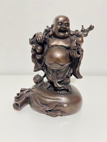 Beeldje - Large & Heavy Bronze Statue of Hotei (Laughing, Antiek en Kunst