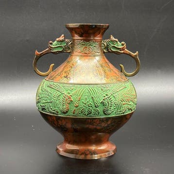 Vaas - Brons, Draak en feniks motief, Hoogte 22 cm - Japan, Antiek en Kunst