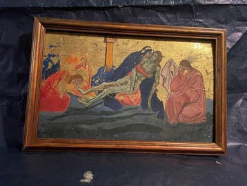 Tempera schilderij op bladgoud - Antiek - houten plankje -, Antiquités & Art