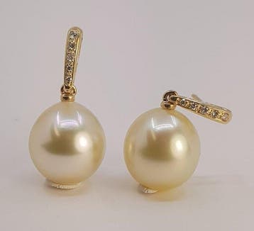 Oorbellen - 14 karaat 11×12 mm gouden Zuidzee parels, Geel