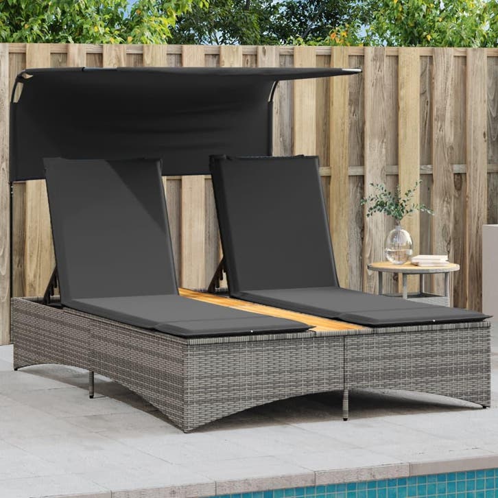 vidaXL Ligbed 2-persoons met luifel en kussens poly rattan, Tuin en Terras, Ligbedden, Nieuw, Verzenden