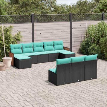 vidaXL 10-delige tuinbankset met kussens van zwart polyrotan, Verzenden
