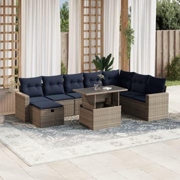 vidaXL 9-delige tuinbankset met kussens, grijs polyrotan, Verzenden
