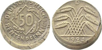 Duitsland Fehlpraegung 50 Rentenpfennig 1924 D dezentrier..., Verzenden, België