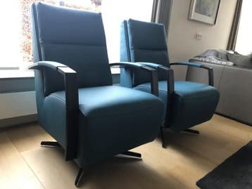 Set van 2 leren draaifauteuils met schotelvoet - blauw leer, Ophalen of Verzenden
