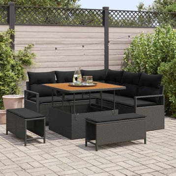 vidaXL Tuinbank Set met kussen 8 pcs Zwart poly rattan, Verzenden, Nieuw