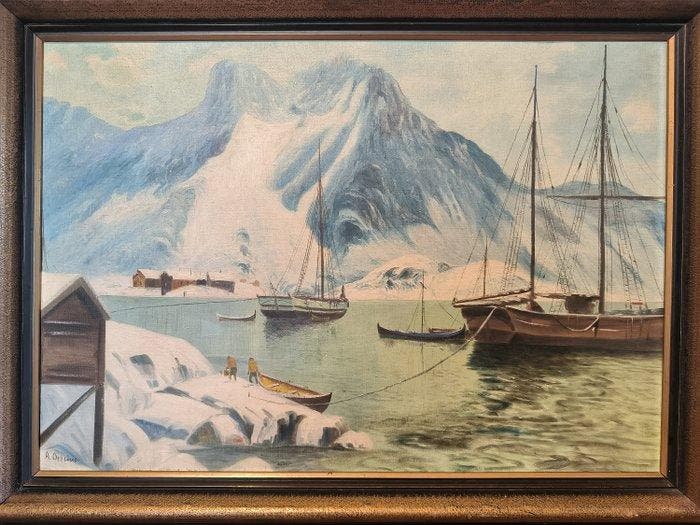 A.Opheim (XX) - Lofoten harbour, Antiek en Kunst, Kunst | Schilderijen | Klassiek