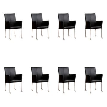 Set van 8 Leren eetkamerstoelen Comfort met wieltjes en, Ophalen of Verzenden, Nieuw, Leer, Eén