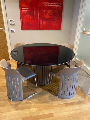 Roche Bobois - Tafel (5) - Glas, Leder, Chroom, Metaal -