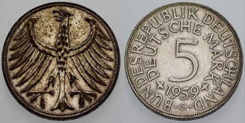 5 duitse Mark 1959 G 5 Mark Kursmunten Bondsrepubliek Dui..., Verzenden