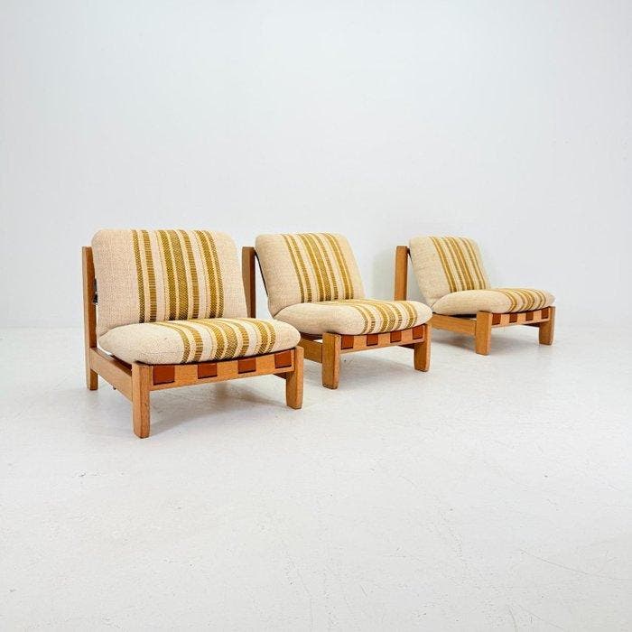 Fauteuil - Eik - Set van drie loungestoelen, Antiek en Kunst, Kunst | Designobjecten