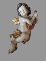 Snijwerk, Holzfigur - farbiger Engel mit Mandoline -