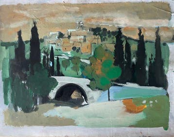 Yves Ganne (1931-2019) - Paysage provençal au pont et cyprès, Antiek en Kunst