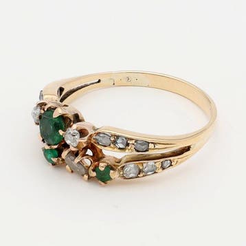 Ring - 14 karaat Geel goud - Diamant - Smaragd
