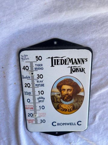 Vintage emaille thermometer – Tiedemanns Tobak – kleurrijke