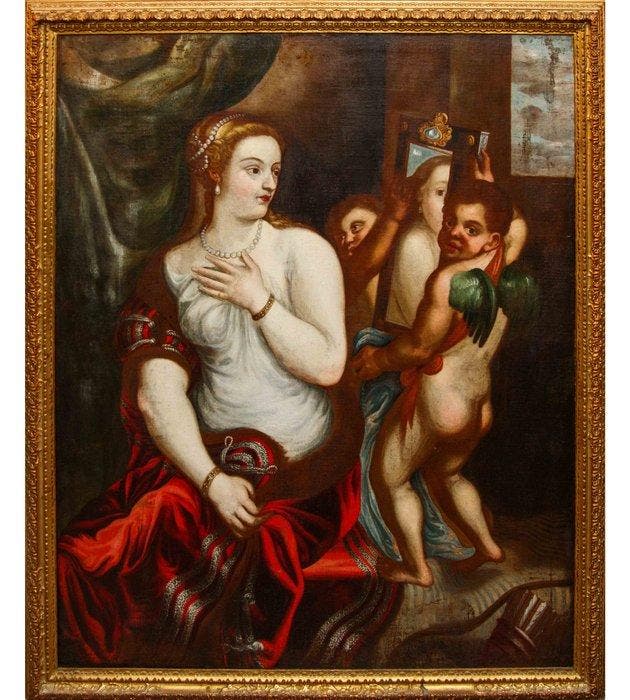 Seguace di Tiziano Vecellio (XVII) - Venere allo specchio, Antiek en Kunst, Kunst | Schilderijen | Klassiek