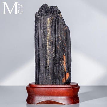 Natuurlijke Zwarte Toermalijn Houten Basis - Zwarte