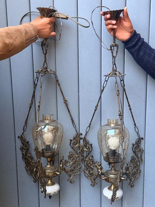 Plafondlamp - Messing, Keramiek - Hanglampen 2, Antiek en Kunst, Antiek | Overige Antiek