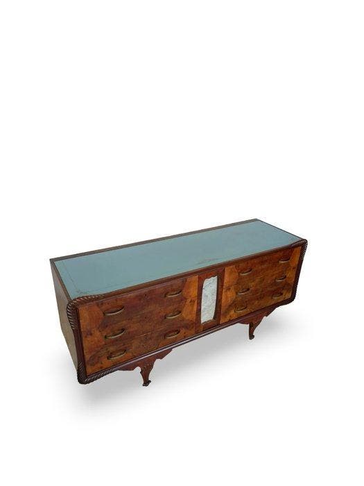 Ladekast - Hout, Glas, Messing, Walnoot - Art Deco, Antiek en Kunst, Antiek | Meubels | Stoelen en Sofa's