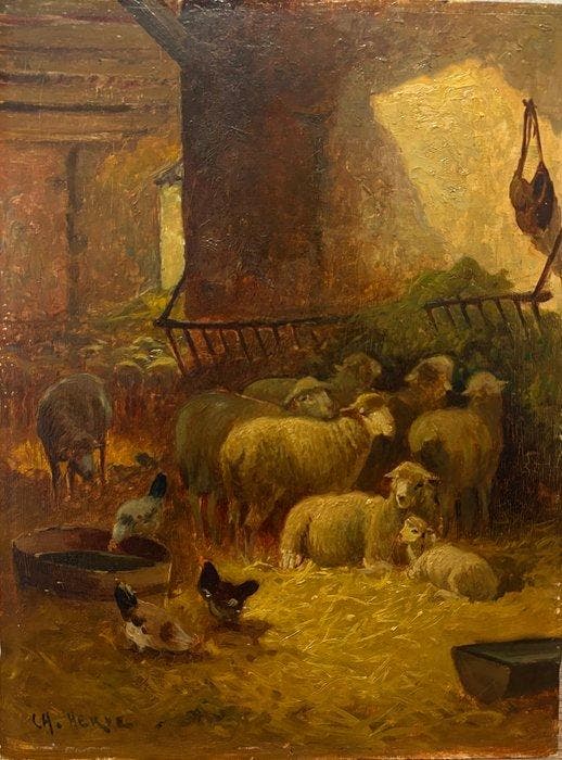 Ch. Herve (XIX) - Rastende Herde, Antiek en Kunst, Kunst | Schilderijen | Klassiek