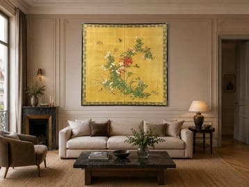 Bybu kamerscherm - Goudkleurige grond - Japan - Bloemen en