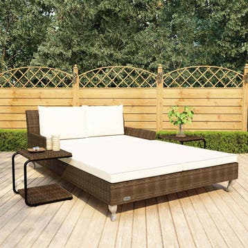 vidaXL Ligbed met kussens 2-persoons poly rattan bruin, Verzenden