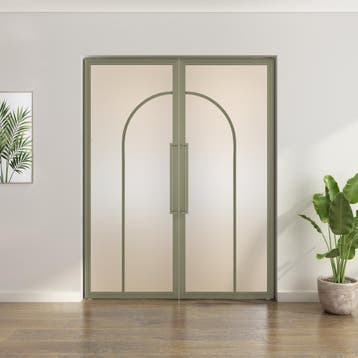 Dubbele stalen taatsdeur Olijfgroen 2 Vlaks rond Mat glas, Minder dan 80 cm, Overige typen, Nieuw, Metaal