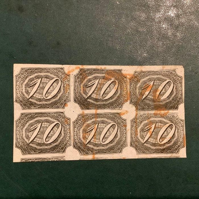 Brazilië 1846 - 10 reis cijfer in ovaal in blok van 6 met, Postzegels en Munten, Postzegels | Amerika