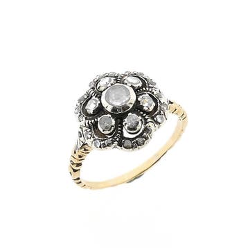 Goud en zilveren ring met roos geslepen diamanten; ca. 0,..., Ophalen of Verzenden
