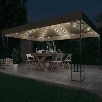 vidaXL Prieel met LED-lichtslinger 3x4 m stof taupe, Verzenden, Nieuw