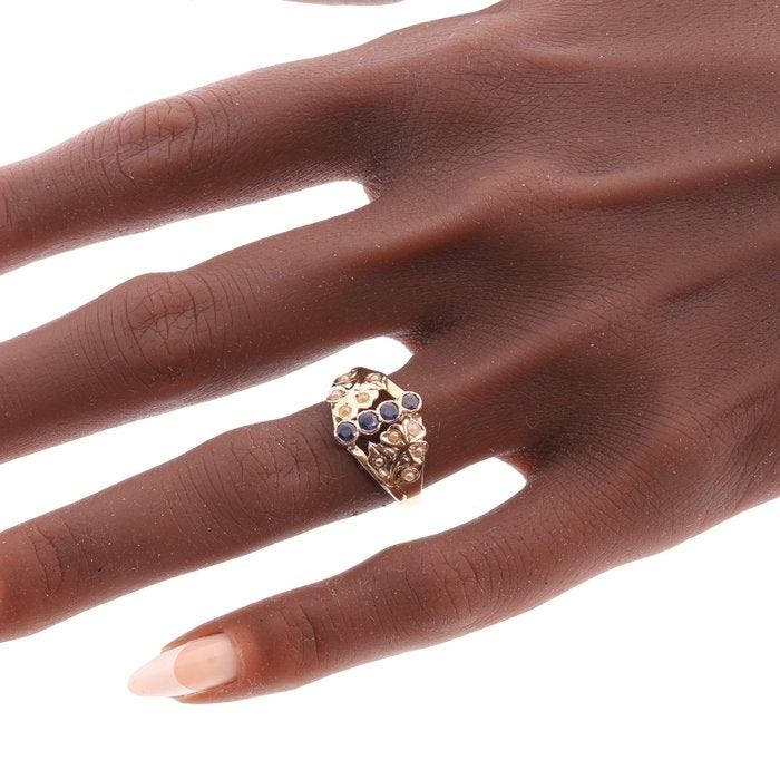 Ring - 18 karaat Geel goud - 0.40ct. tw. Saffier - Parel -, Bijoux, Sacs & Beauté, Bagues