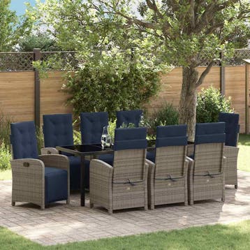 vidaXL Tuin Eettafel Set 9 st Grijs poly rattan, Verzenden, Nieuw