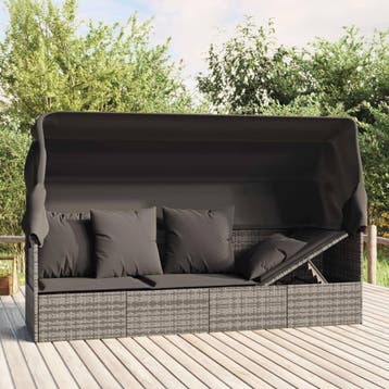 vidaXL Loungebed met luifel en kussens poly rattan grijs, Jardin & Terrasse, Chaises longues, Verzenden