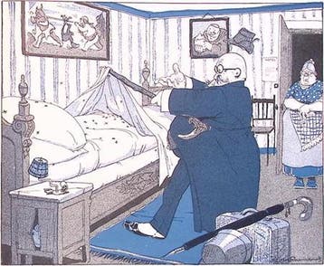 Ongedierte in de Duitse hotelkamer op spotprent (Lithos), Verzenden