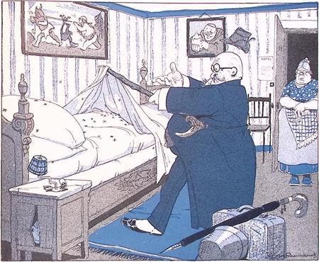 Ongedierte in de Duitse hotelkamer op spotprent (Lithos), Antiek en Kunst, Kunst | Litho's en Zeefdrukken, Verzenden