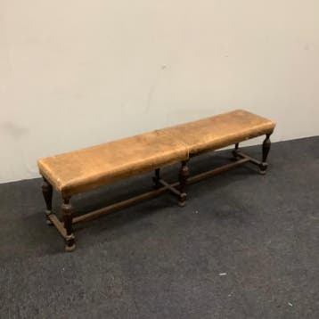 Antiek houten halbankje, (bxd) 176x36 cm, hout - leer, Bureau