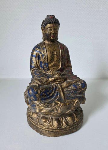Boeddhabeeld, Dhyana mudra - Hout, Polychrome - China, Antiek en Kunst