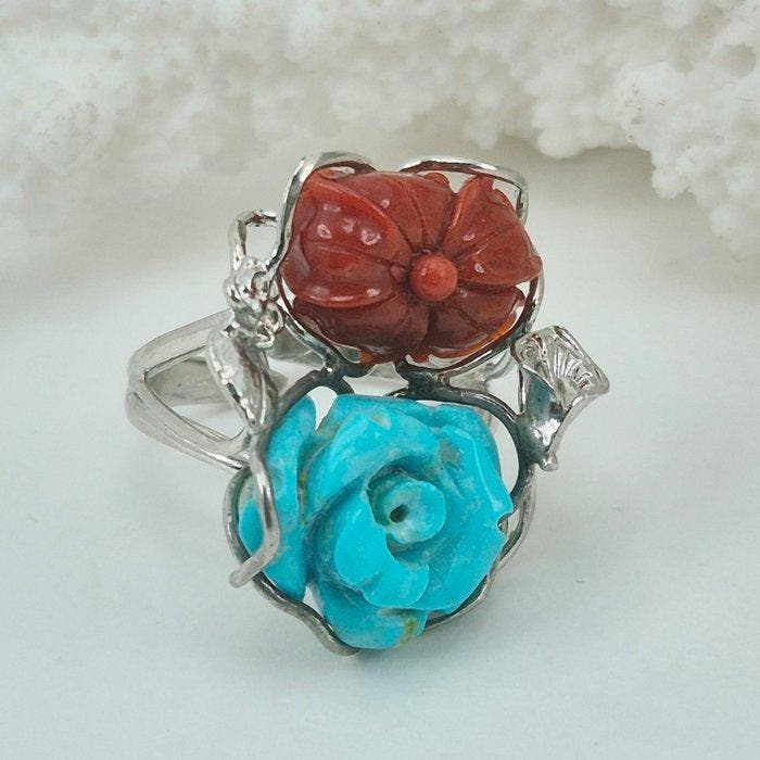 Koraal - Zilver - Ring - Turkoois en koraal gegraveerd, Antiek en Kunst, Curiosa en Brocante