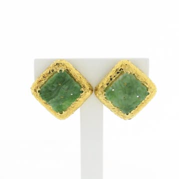 Vintage gouden oorclips met jade. (Oorbellen), Handtassen en Accessoires, Oorbellen, Gebruikt, Ophalen of Verzenden, Met edelsteen